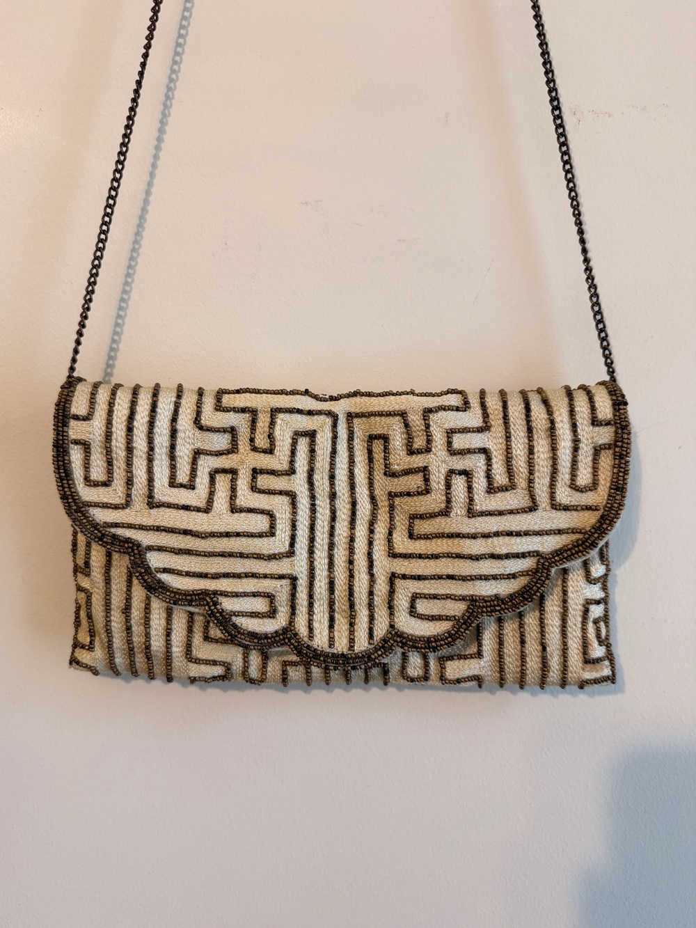Vintage Hand Crafted Brown and Cream Hand Bag with Metal Chain